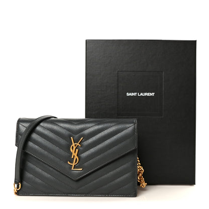 Saint Laurent Grain De Poudre Matelasse Chevron Monogram Envelope Chain Wallet Dark Smog 11 of 11