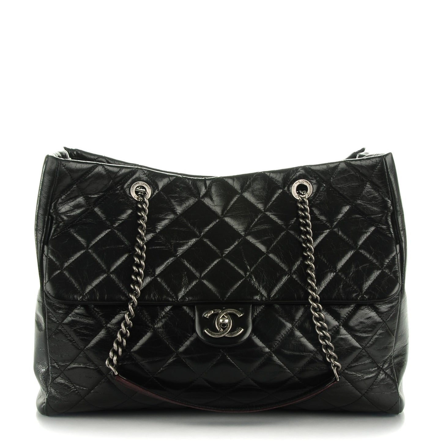 Glazed Calfskin Quilted Large Duo Color Tote Black