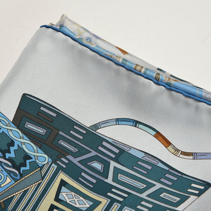 Hermes Silk Voyage En Etoffes Scarf 90 Bleu Pale Blue Jean Vert 3 of 5