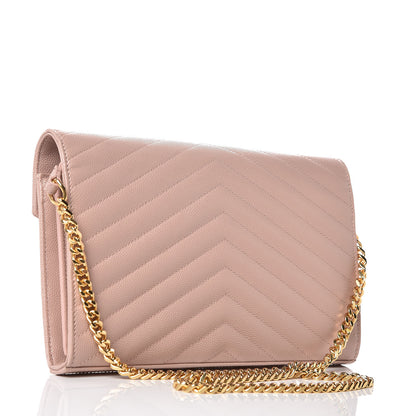 Saint Laurent Grain De Poudre Matelasse Chevron Monogram Chain Wallet Pale Pink 3 of 6