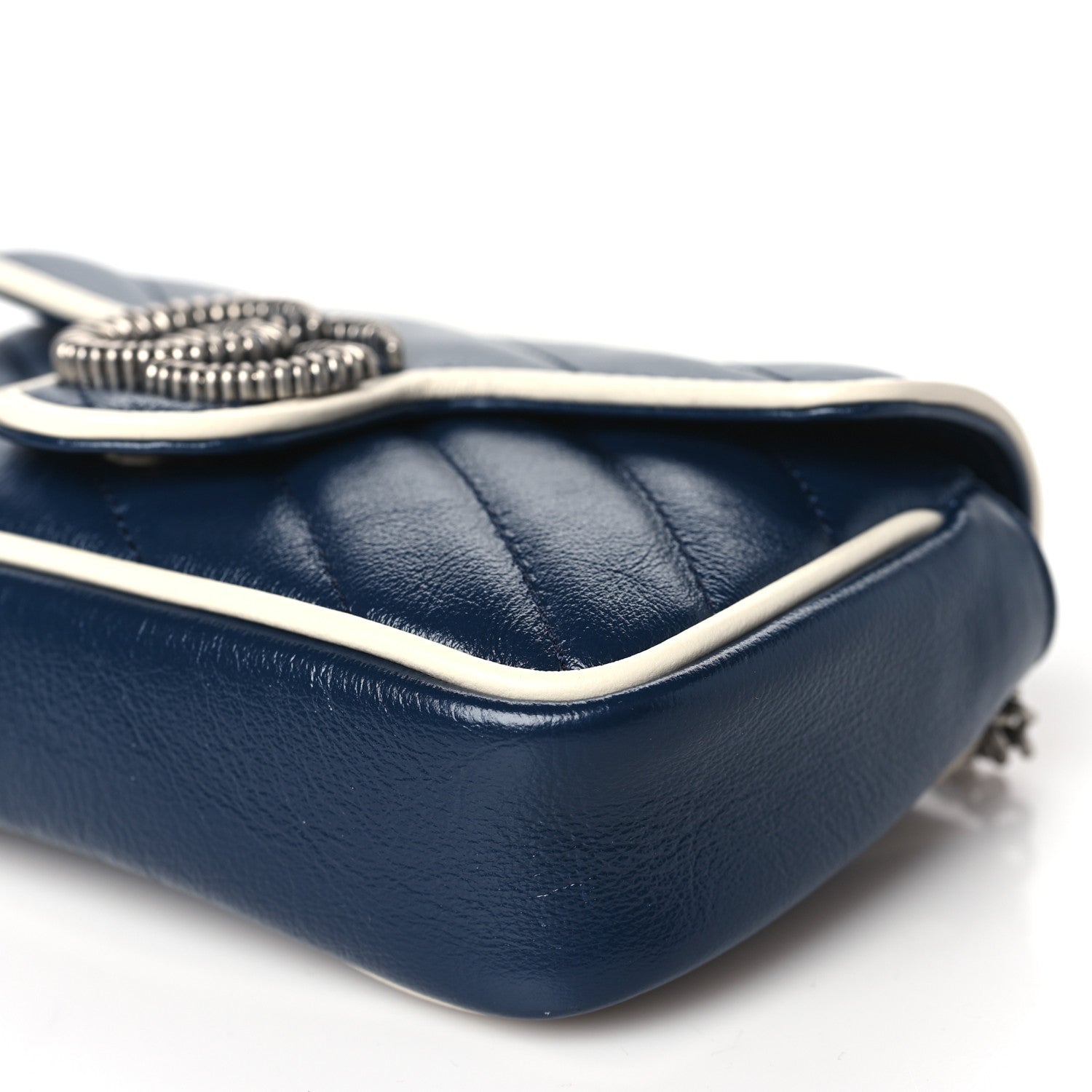 Gucci Vintage Effect Calfskin Matelasse Diagonal Super Mini Torchon GG Marmont Shoulder Bag Blue Agata Mystic White 9 of 10