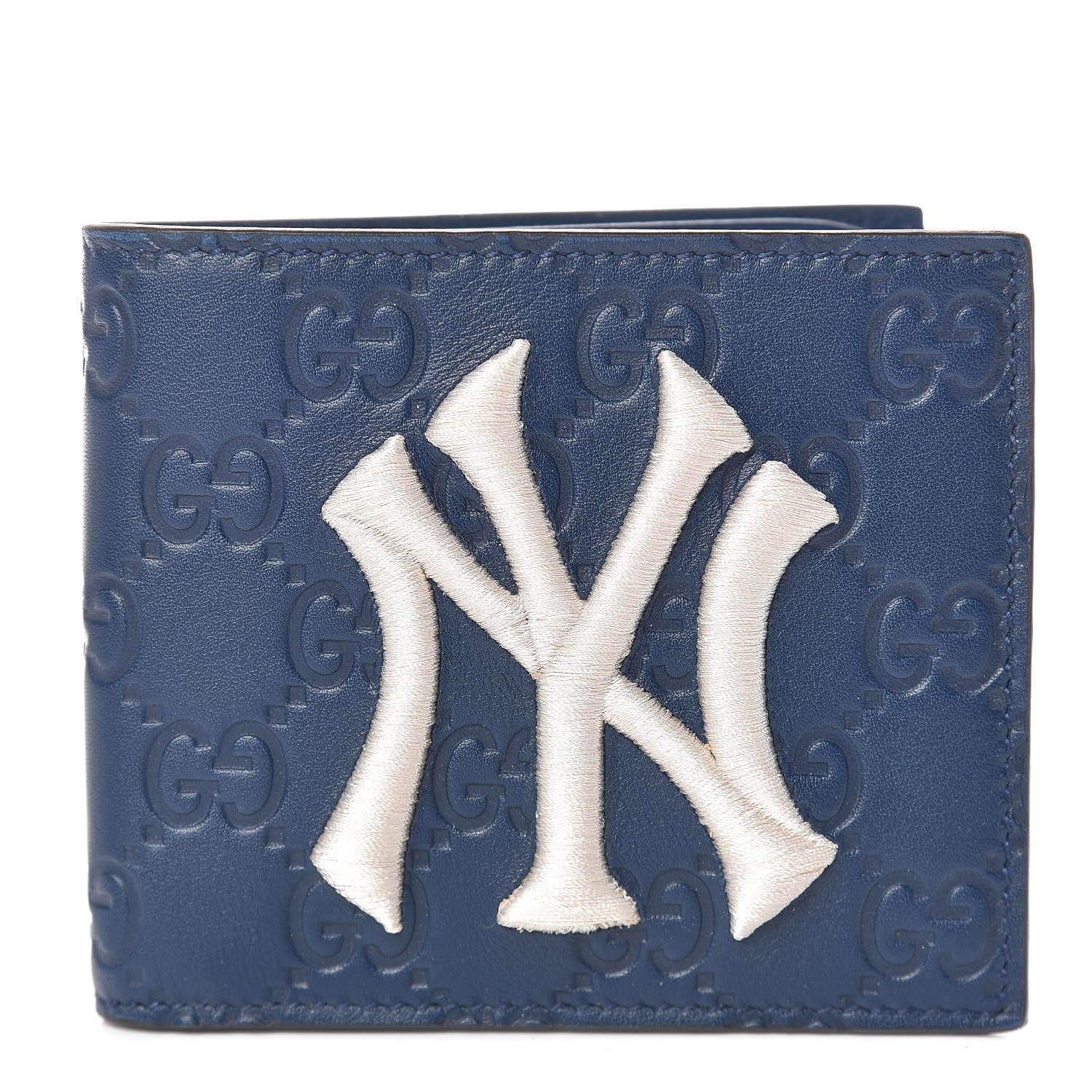 Gucci X MLB Guccissima Signature NY Yankees Embroidered Bi-Fold Wallet Royale Ivory 1 of 9