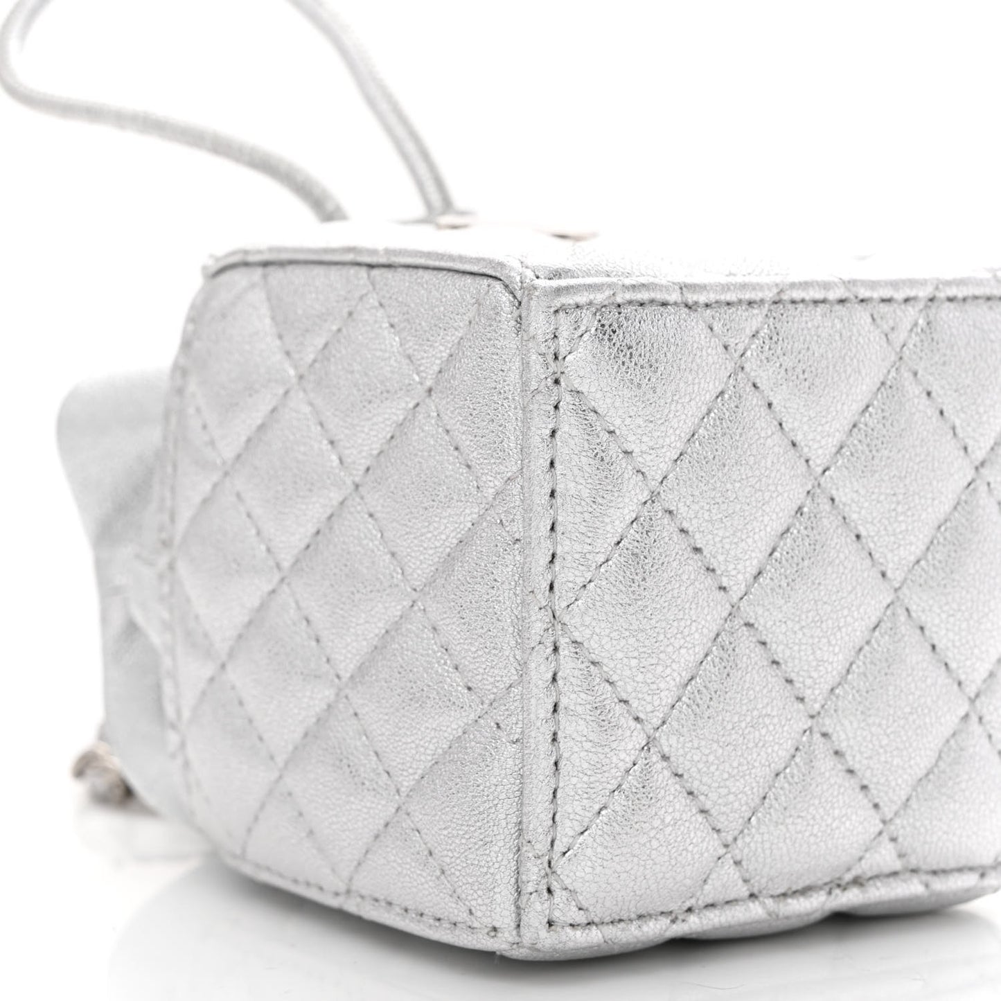 Metallic Caviar Quilted Mini Drawstring Bucket Bag Silver
