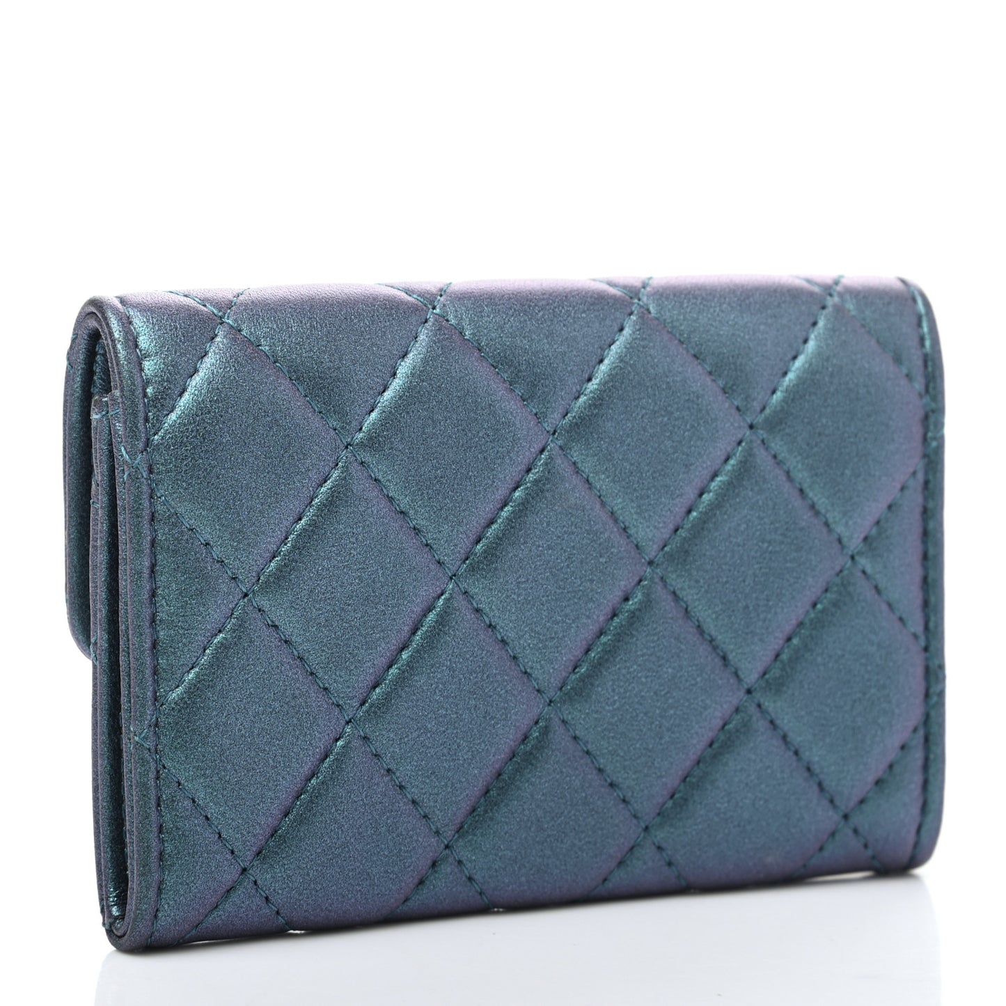 Iridescent Lambskin Quilted Flap Card Holder Turquoise