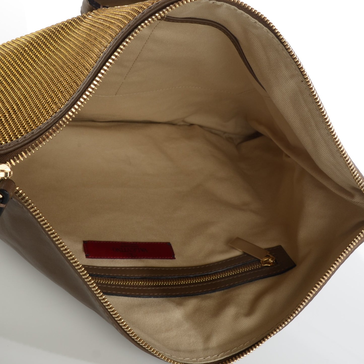 Metallic Mesh Vitello Rockstud Clutch Gold Dark Brown