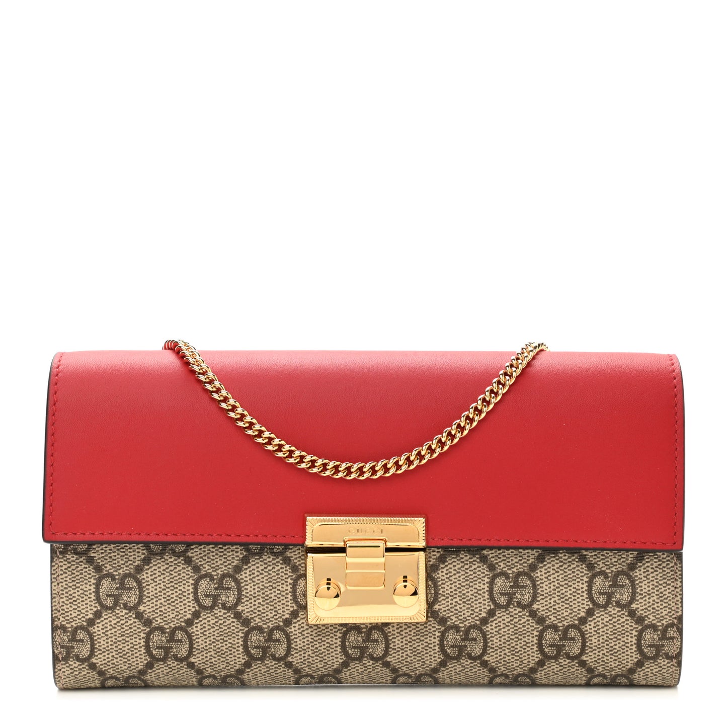GG Supreme Monogram Moon Calfskin Padlock Continental Chain Wallet Beige Ebony Hibiscus Red New Rosette
