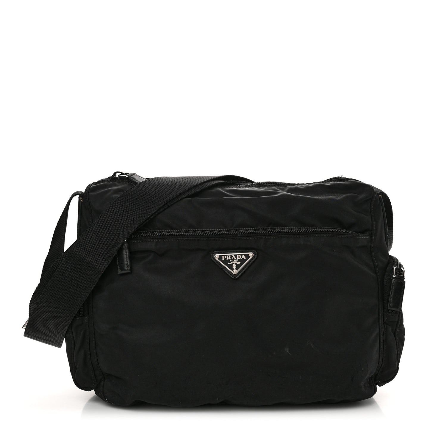 Re-Nylon Vela Saffiano Pocket Double Zip Shoulder Bag Black