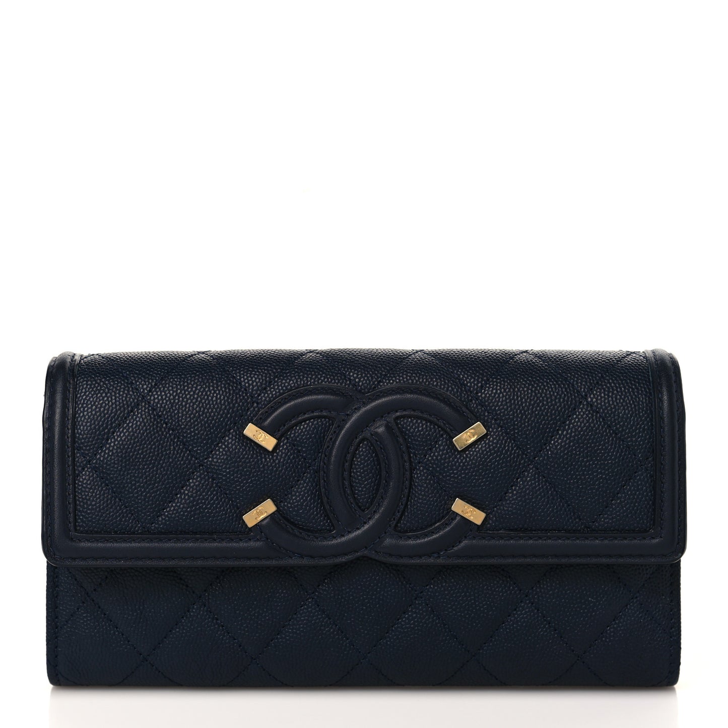 Caviar Quilted Filigree Large Gusset Flap Wallet Navy
