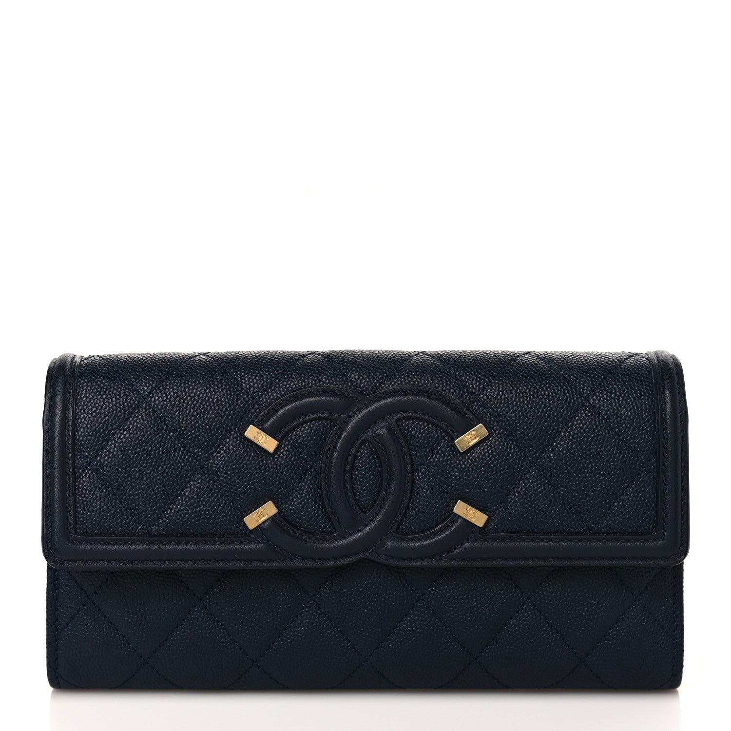 Chanel Caviar Quilted Filigree Large Gusset Flap Wallet Navy 1 of 7