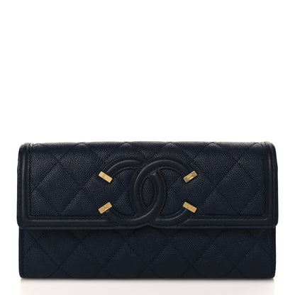 Chanel Caviar Quilted Filigree Large Gusset Flap Wallet Navy 1 of 7