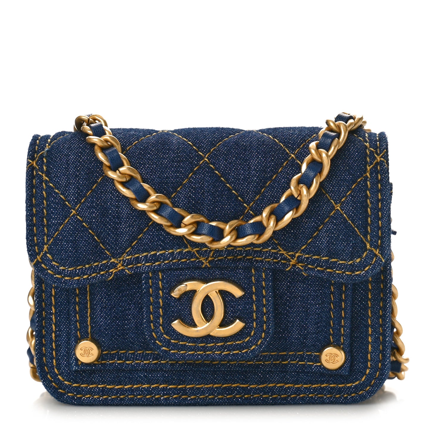 Denim Quilted Double You Card Holder On Chain Blue