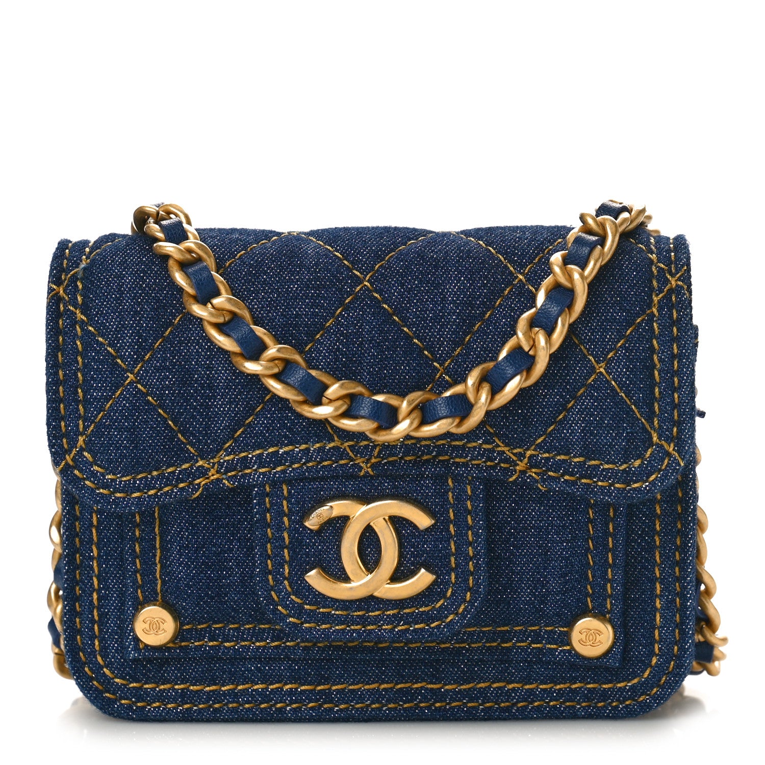 Chanel Denim Quilted Double You Card Holder On Chain Blue 1 of 10