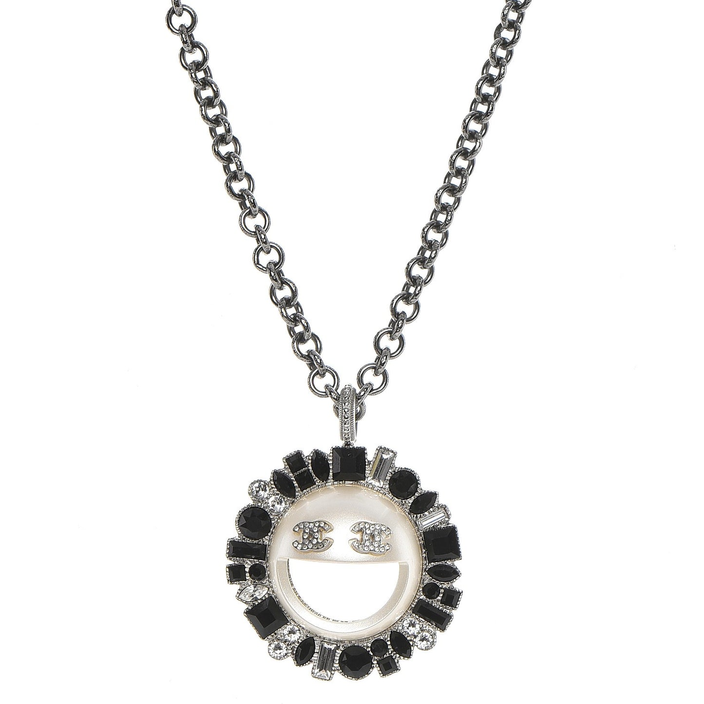 Crystal CC Smiley Emoji Pendant Necklace Silver Black