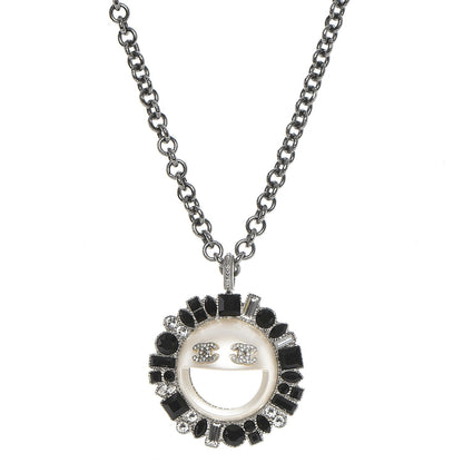 Chanel Crystal CC Smiley Emoji Pendant Necklace Silver Black 1 of 6