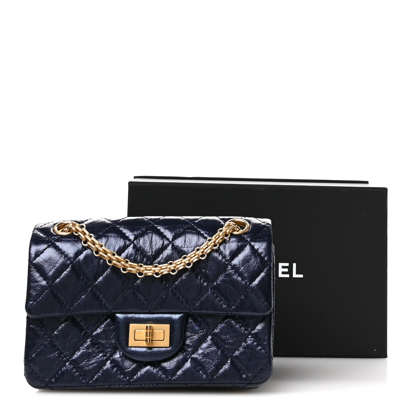Iridescent Aged Calfskin Quilted 2.55 Reissue Mini Flap Navy