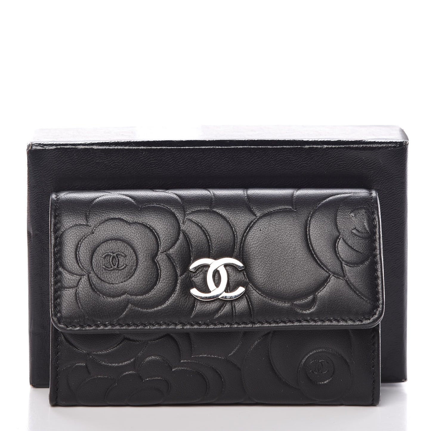 Lambskin Camellia Embossed Card Holder Wallet Black