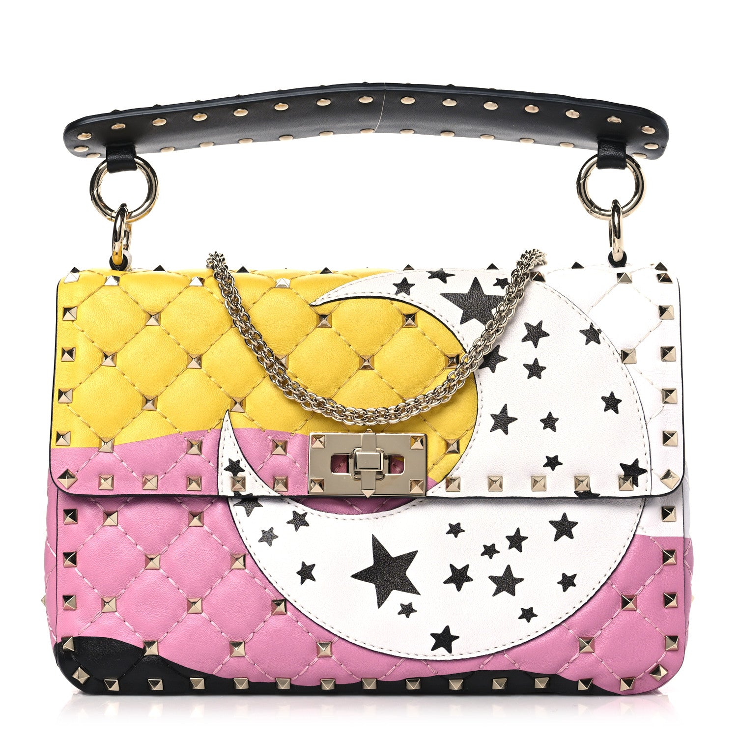 Valentino Garavani Lambskin Medium Moon And Stars Rockstud Spike Shoulder Bag White Yellow Pink 1 of 9