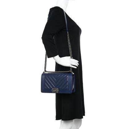 Chanel Caviar Chevron Quilted Medium Boy Flap Navy 2 of 10