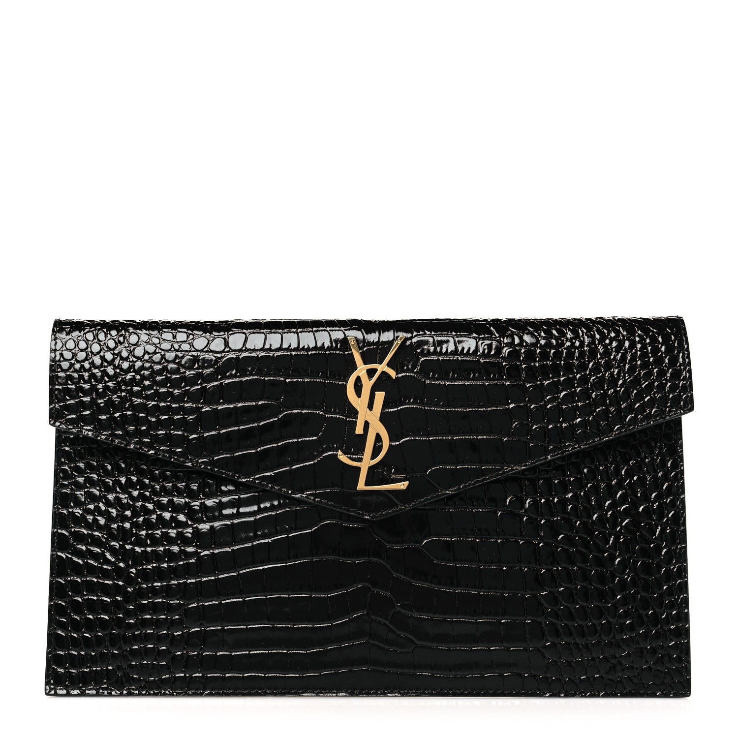 Saint Laurent Calfskin Crocodile Embossed Uptown Monogram Pouch Black 1 of 8
