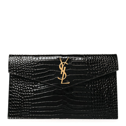 Saint Laurent Calfskin Crocodile Embossed Uptown Monogram Pouch Black 1 of 8