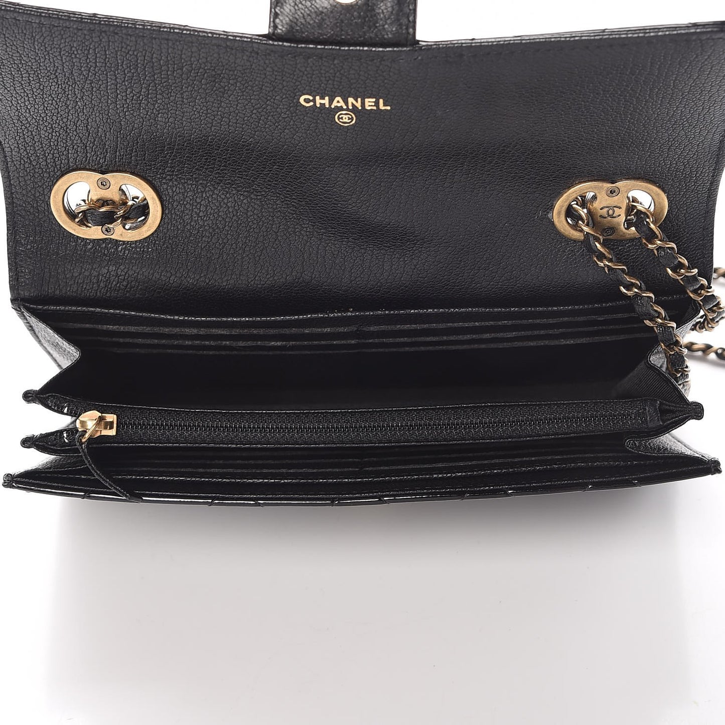 Patent Goatskin Quilted Small CC Eyelet Wallet On Chain WOC Black