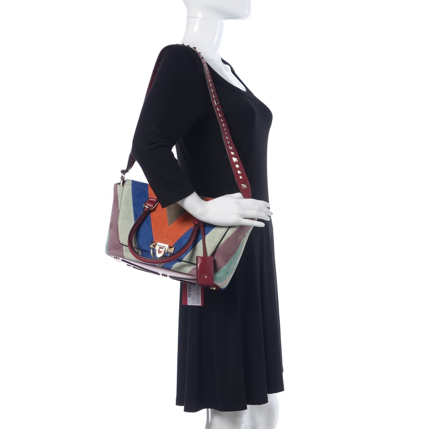 Suede Chevron Small Rockstud Demilune Double Handle Satchel Multicolor