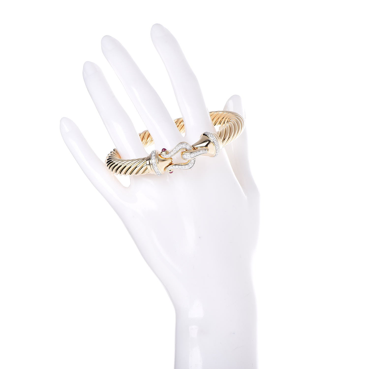 David Yurman 18K Yellow Gold Diamond Ruby 9mm Cable Buckle Bracelet 2 of 6