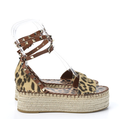 Valentino Garavani Canvas Leopard Print Rockstud Ankle Wrap Espadrille Flatform Sandals 39 Brown 4 of 10