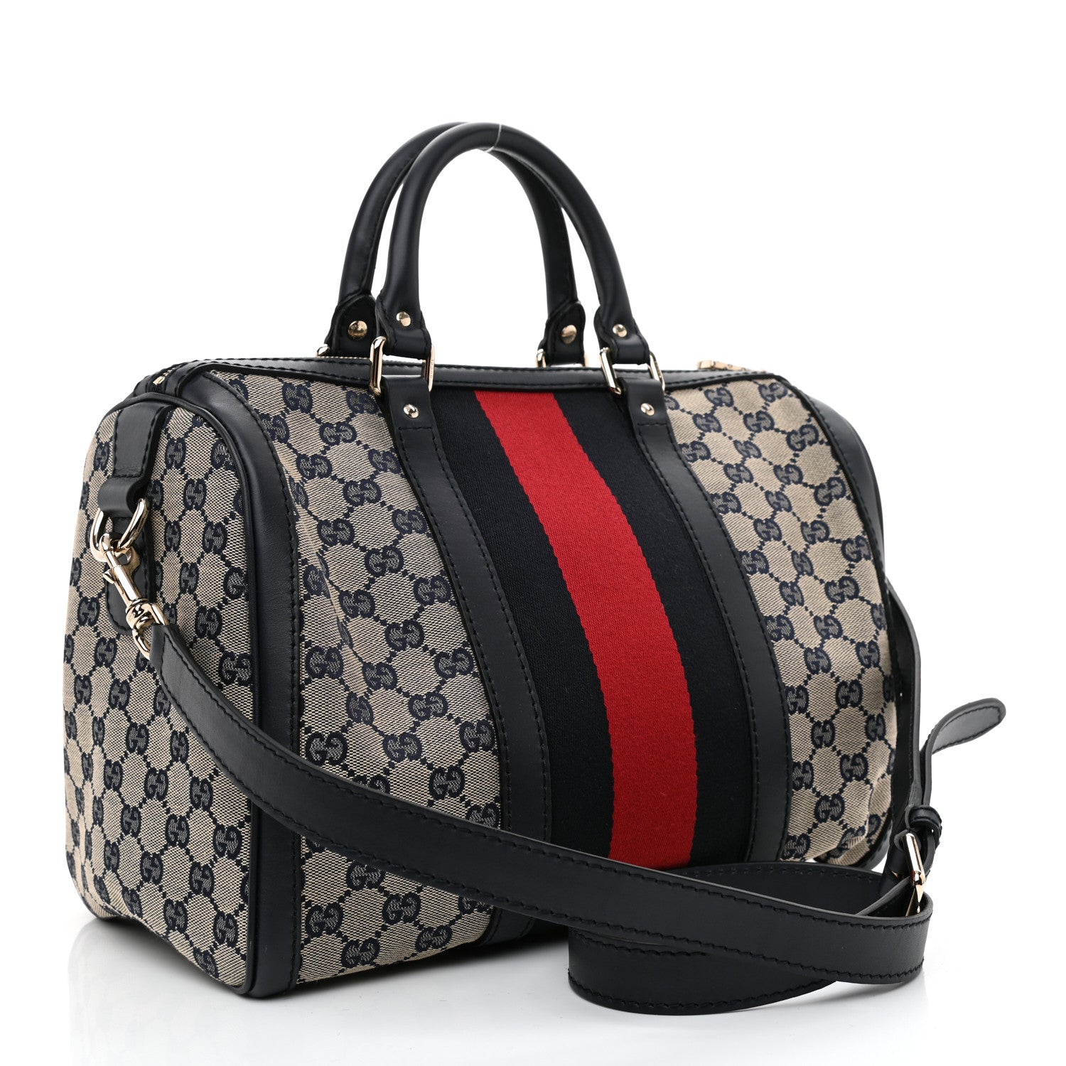 Gucci Monogram Selleria Calfskin Vintage Web Medium Boston Beige Blue 3 of 9