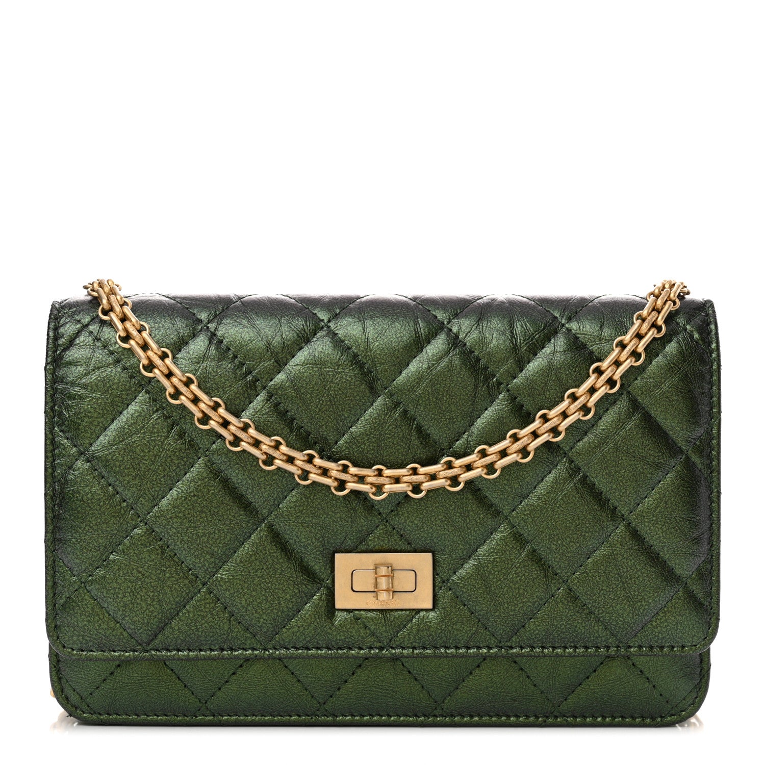 Chanel Metallic Aged Calfskin Quilted 2.55 Reissue Wallet on Chain WOC Green 1 of 11