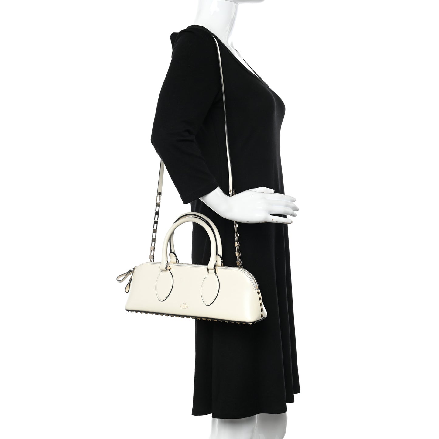 Smooth Calfskin Rockstud East West Top Handle Bag Ivory