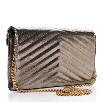Saint Laurent Iridescent Grain De Poudre Matelasse Chevron Monogram Chain Wallet Gold 3 of 9