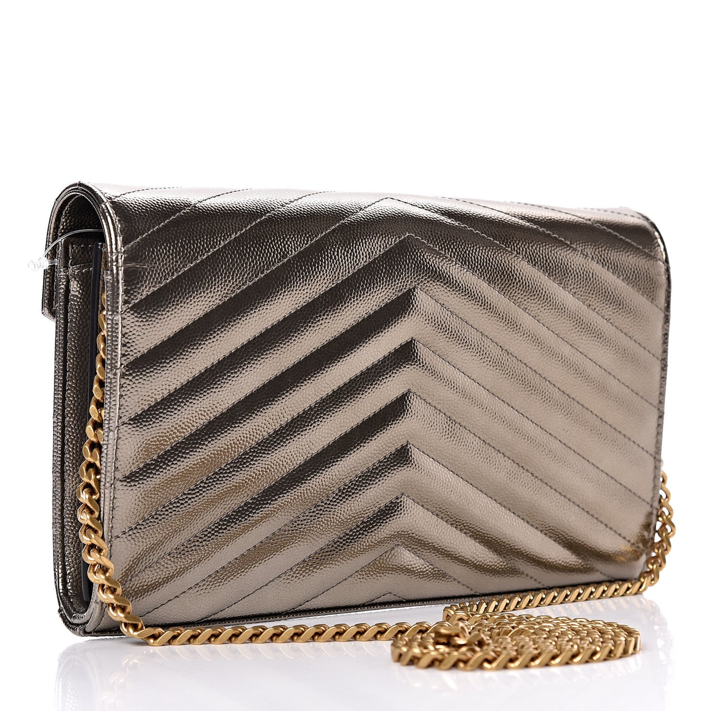Iridescent Grain De Poudre Matelasse Chevron Monogram Chain Wallet Gold