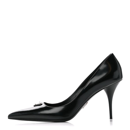 Prada Spazzolato Metal Triangle Logo Pointed Toe 85mm Pumps 39 Black 1 of 8