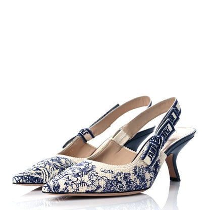 Christian Dior Toile de Jouy Ribbon Embroidered J'Adior Slingback 65mm Pumps 39 Blue Off White 3 of 10