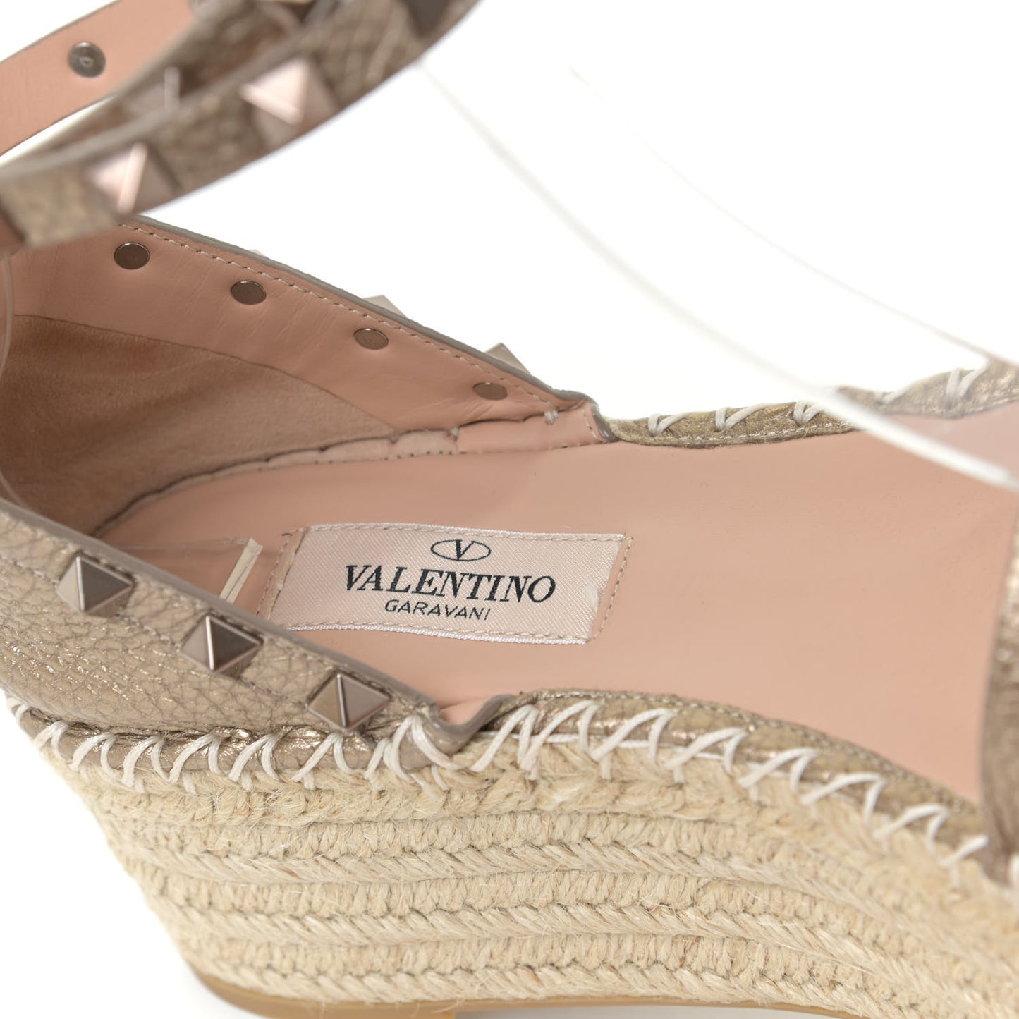 Metallic Grained Calfskin Rockstud Ankle Wrap Espadrille Flatform Sandals 36 Skin Natural