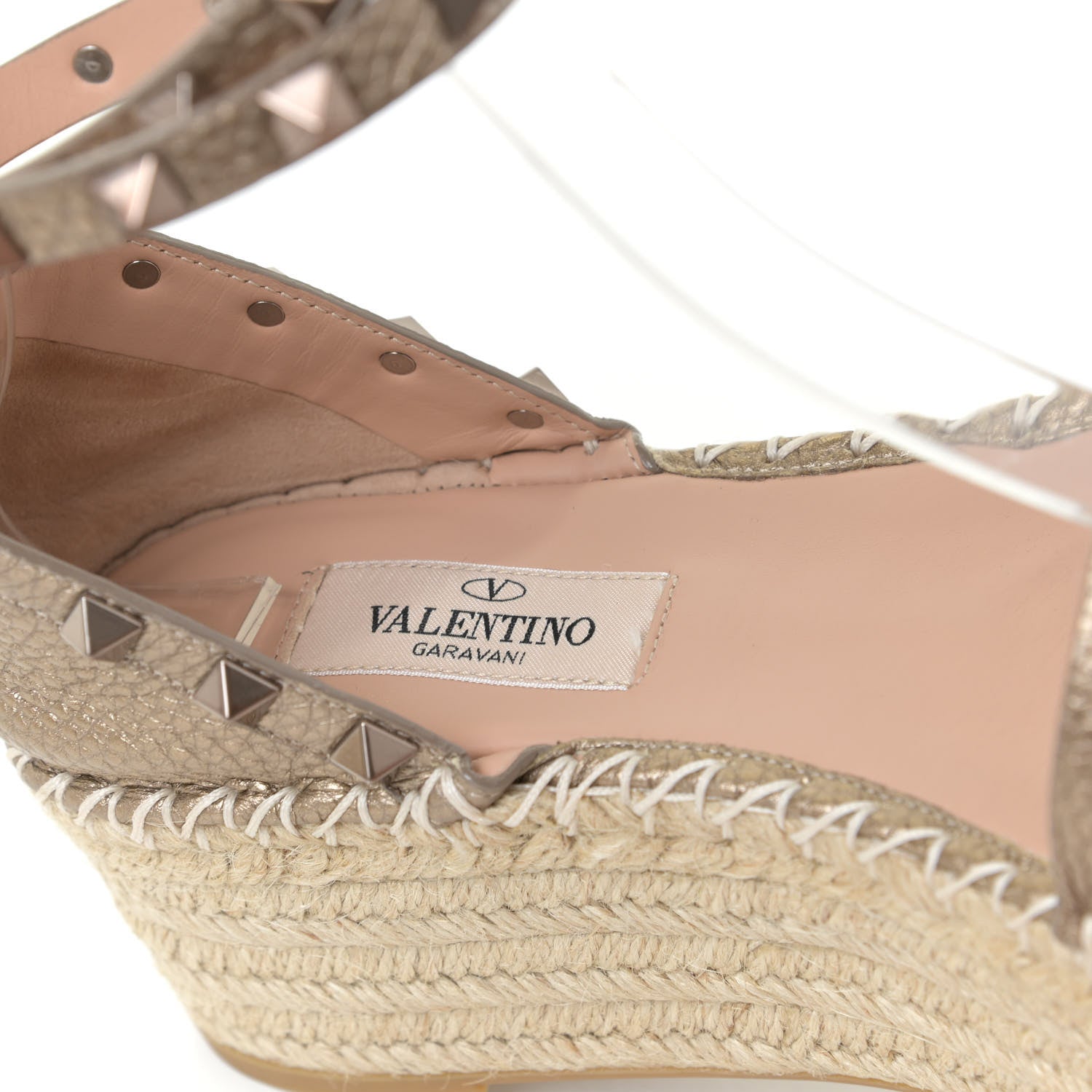 Valentino Garavani Metallic Grained Calfskin Rockstud Ankle Wrap Espadrille Flatform Sandals 36 Skin Natural 12 of 12