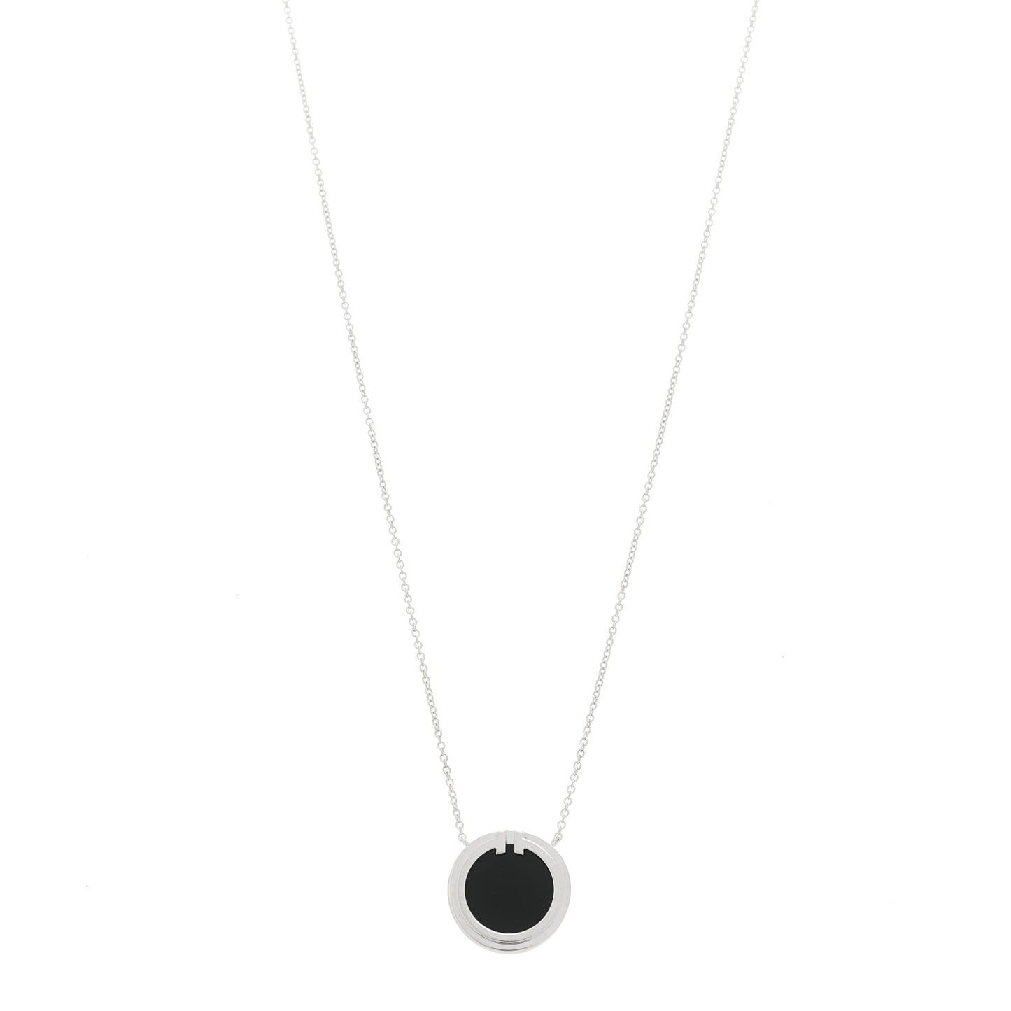 18K White Gold Black Onyx 16mm T Circle Pendant Necklace