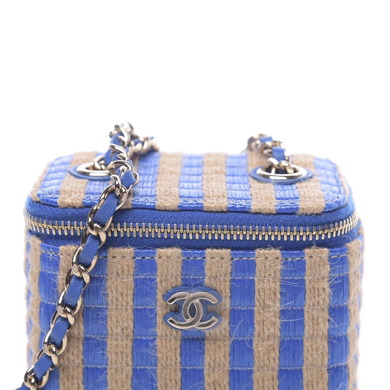Chanel Raffia Jute Striped Mini Vanity Case With Chain Blue Beige 8 of 11