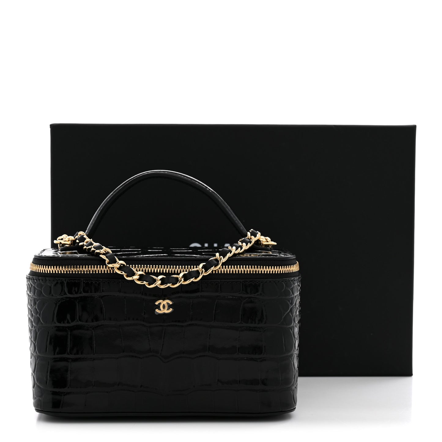 Calfskin Crocodile Embossed Crococo Small Top Handle Vanity Case With Chain Black