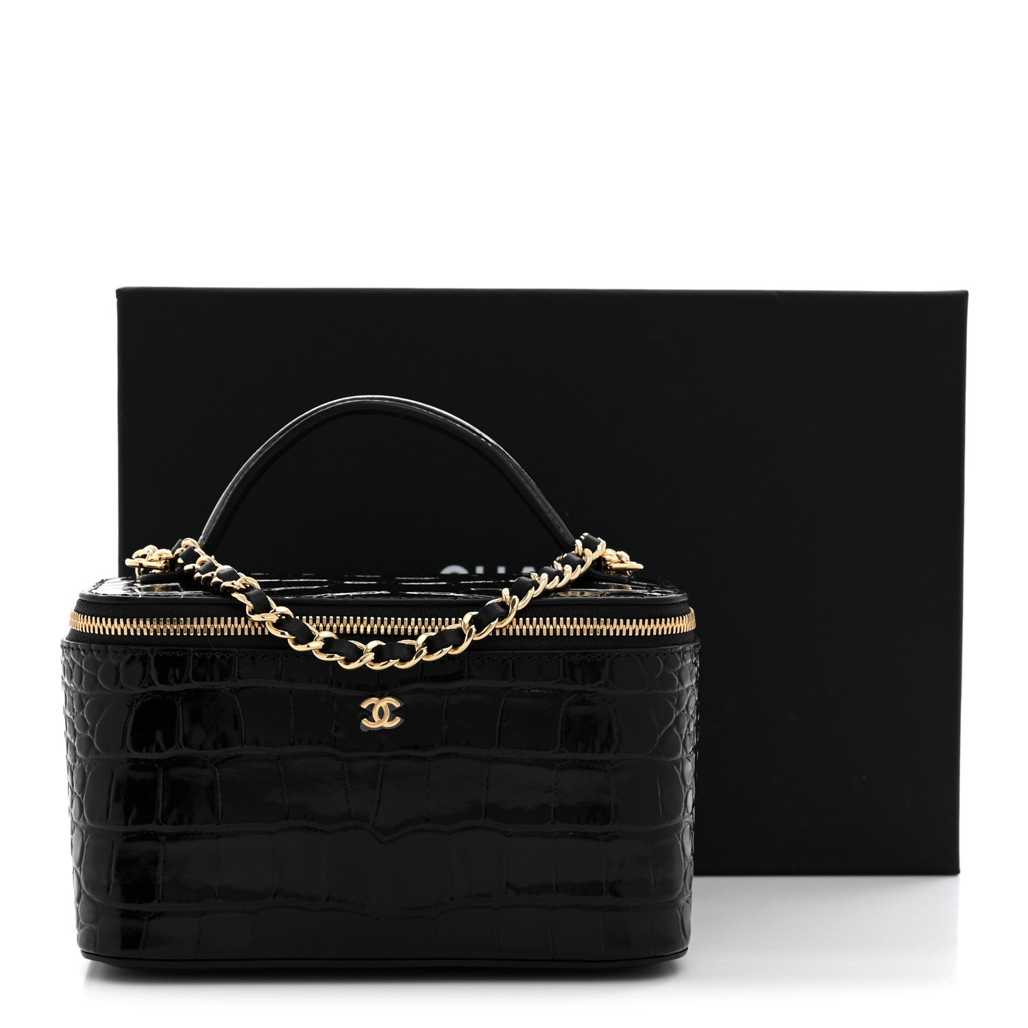 Chanel Calfskin Crocodile Embossed Crococo Small Top Handle Vanity Case With Chain Black 11 of 11