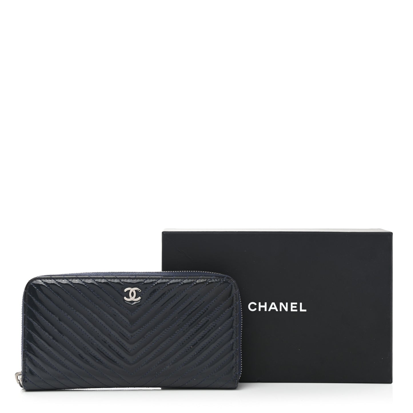 Patent Chevron Zip Around Wallet Blue