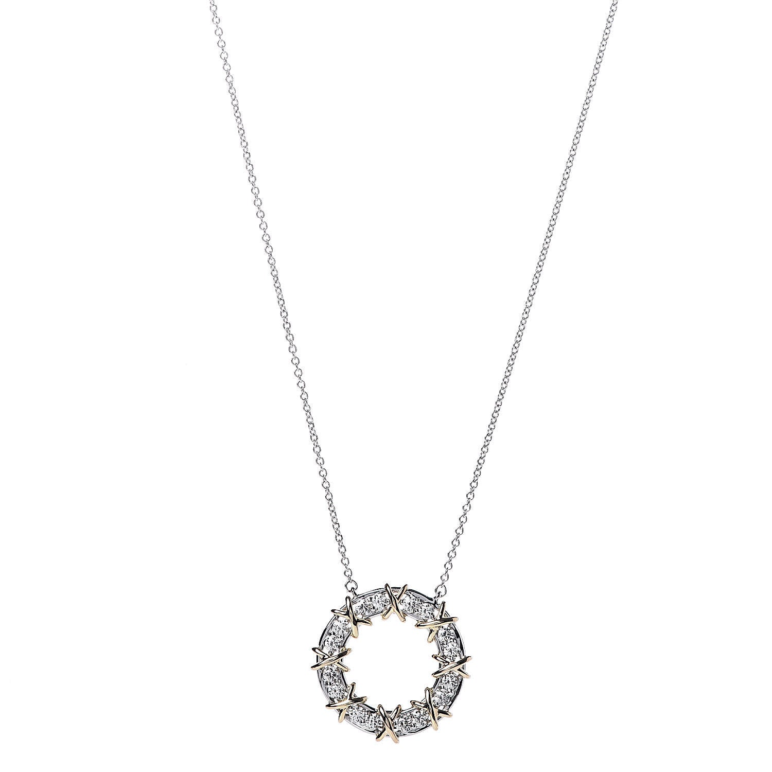 Tiffany 18K Yellow Gold Platinum Diamond Schlumberger Sixteen Stone Circle Pendant Necklace 1 of 5