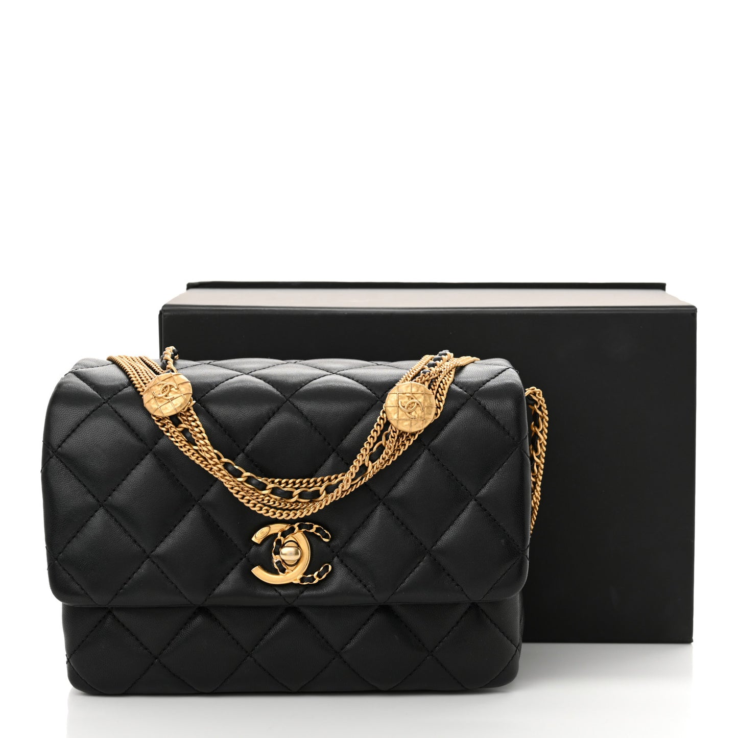 Lambskin Quilted Mini Medallion Multi Chain Flap Black