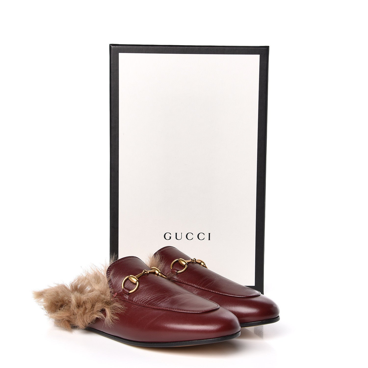 Gucci Malaga Kid Fur Womens Princetown Slippers 37 Vintage Bordeaux Naturale 9 of 9