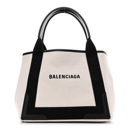 Balenciaga Cotton Canvas Satin Calfskin S Navy Cabas Natural Black 3 of 11