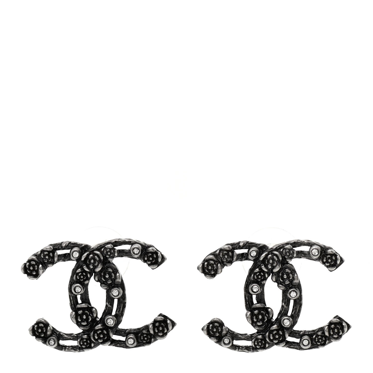 Chanel Crystal CC Camellia Earrings Ruthenium 1 of 4