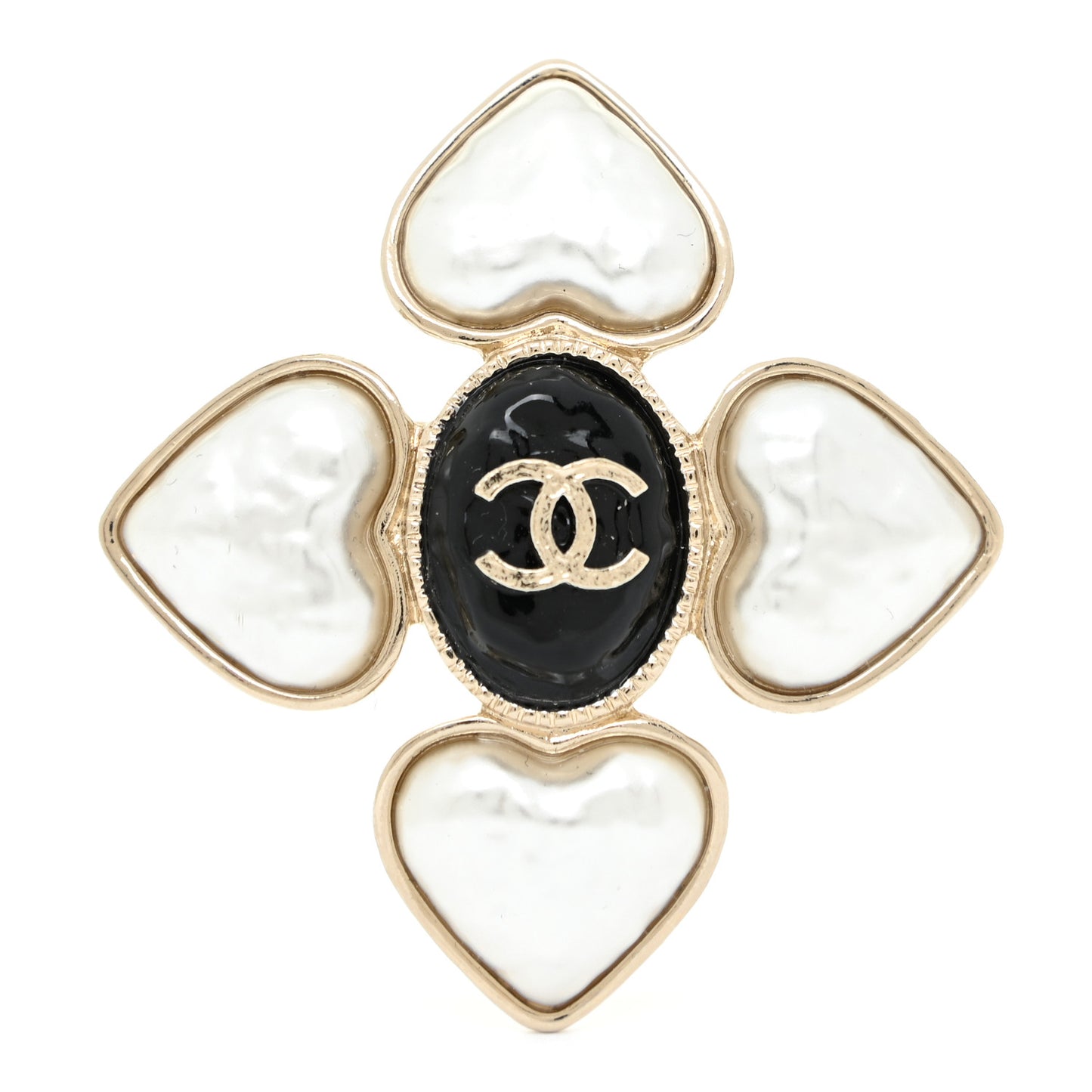 Resin Pearl CC Heart Brooch Gold Pearly White Black