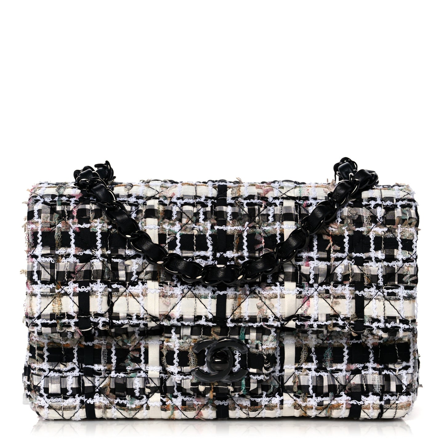 Tweed Quilted Mini Rectangular Flap White Black Multicolor