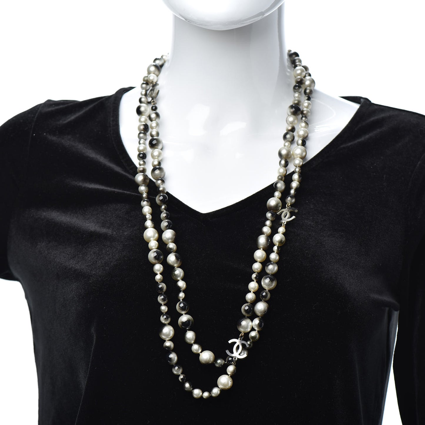 Pearl CC Long Necklace Gold White Black